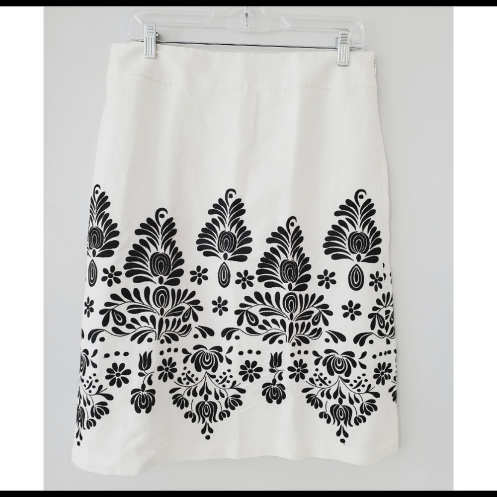 LOFT White A-Line Skirt with Black Embroidered Border
